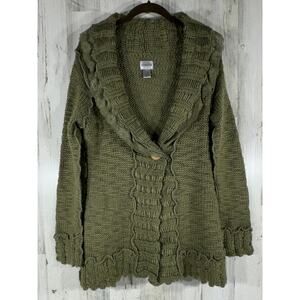 Chicos Cardigan Sweater Green Chunky Collar Lace‎ Wool Blend Size 0 Small